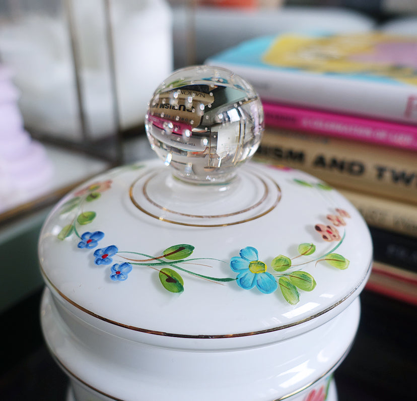 Opaline glass vanity jar with hand painted enamel floral detailing