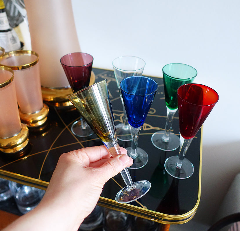 Set of six coloured liqueur glasses