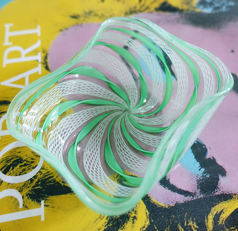 Green & white Zanfirico Murano glass trinket dish