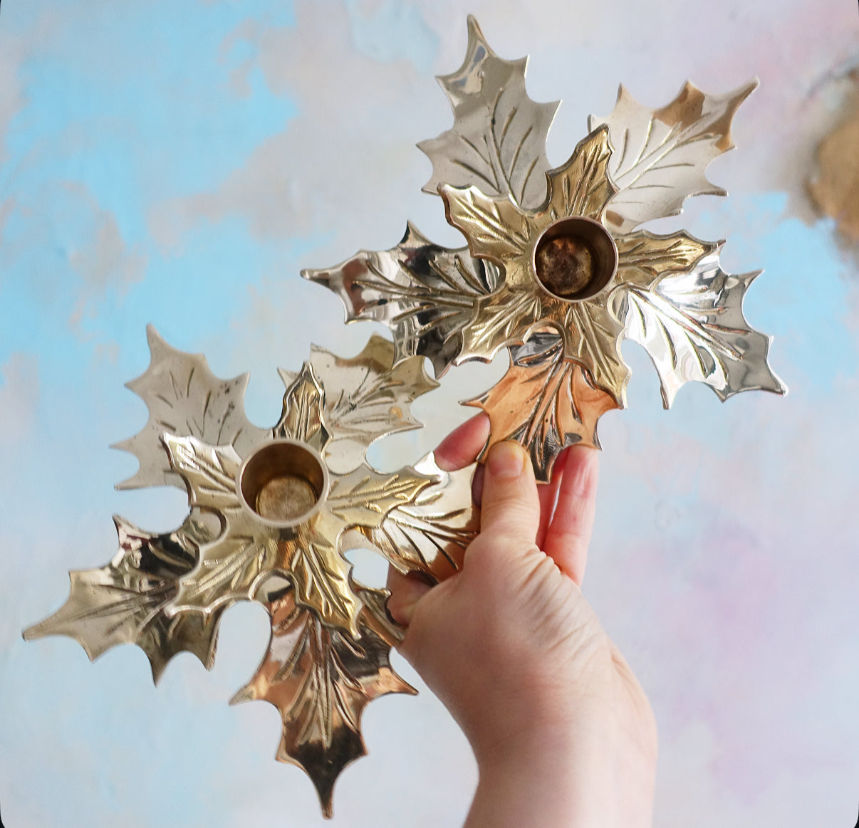 Brass Holly candle holders