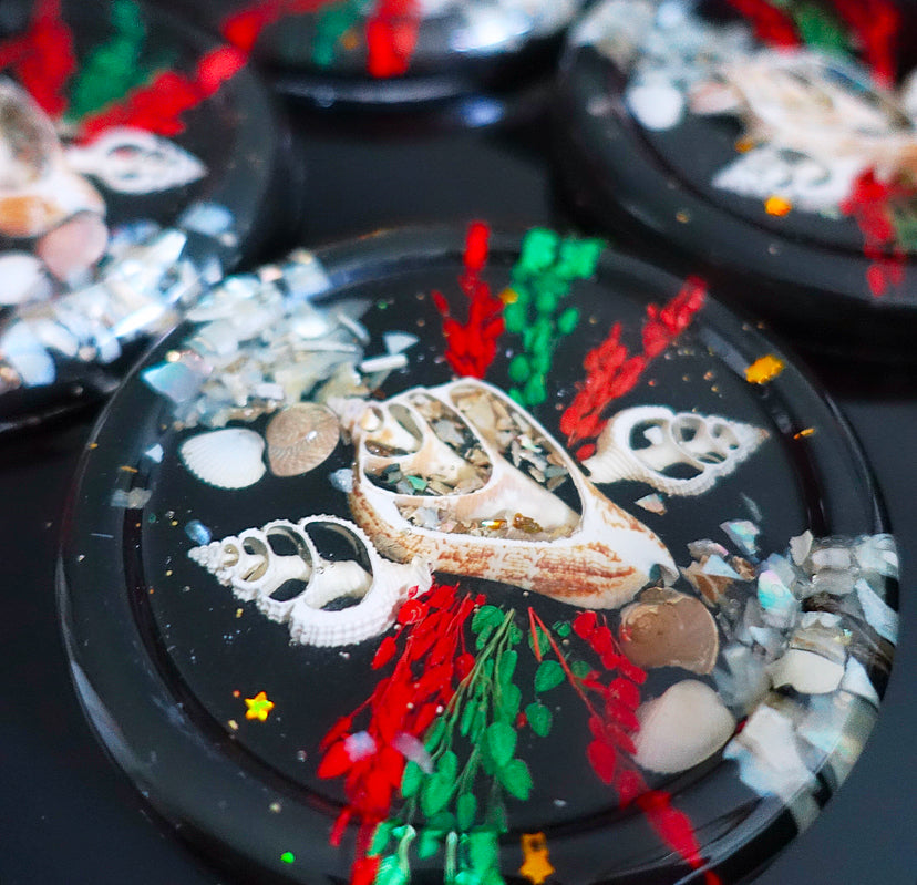 Set of six MCM shell & lucite coasters