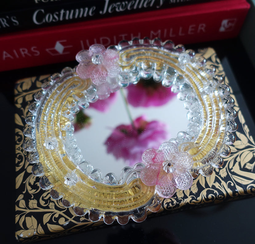 Small pink & gold Murano glass flower mirror