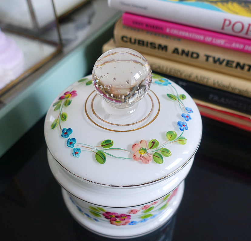 Opaline glass vanity jar with hand painted enamel floral detailing