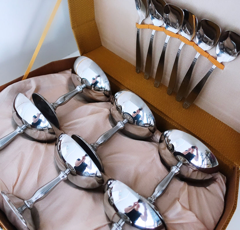 Set of six Italian stainless steel coupes & spoons