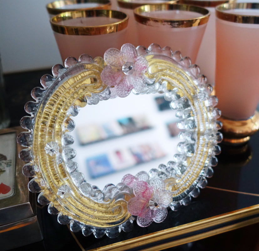 Small pink & gold Murano glass flower mirror