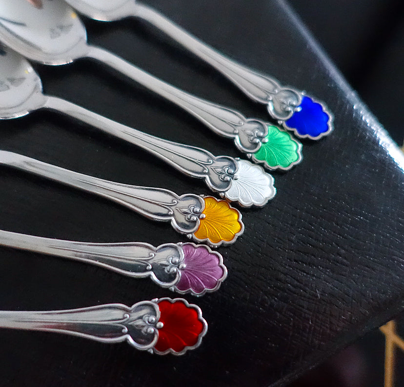 Cased set of six Danish Sterling silver & enamel shell spoons