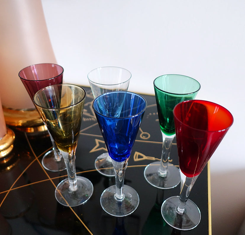 Set of six coloured liqueur glasses