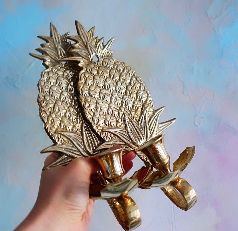 Pair of Hollywood Regency brass pineapple candle sconces