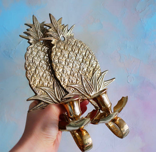 Pair of Hollywood Regency brass pineapple candle sconces