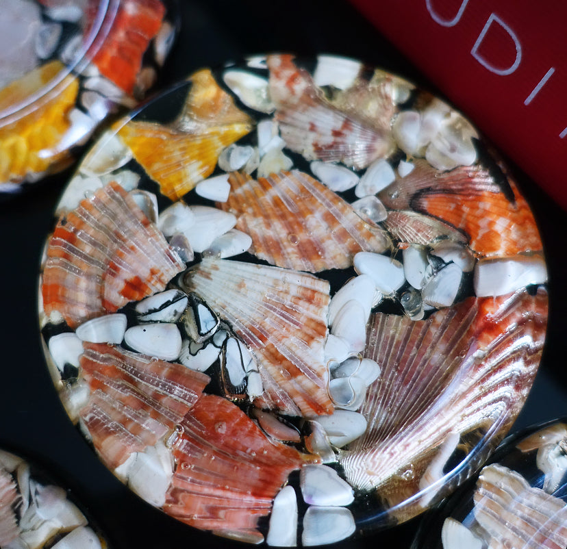Set of six shell & lucite coasters
