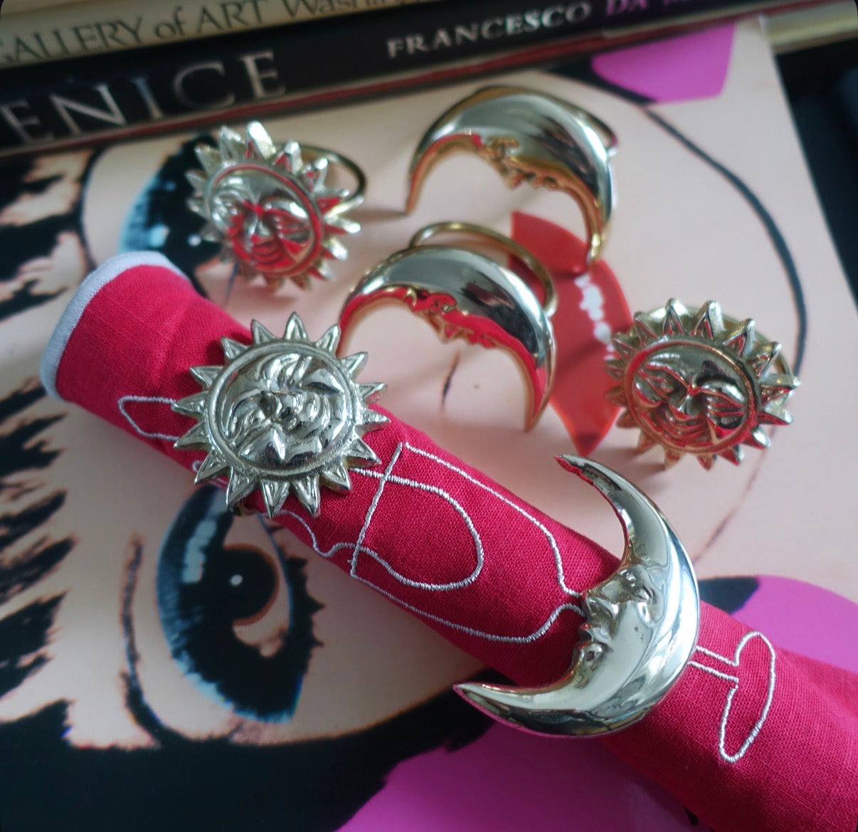 Celestial brass napkin ring set