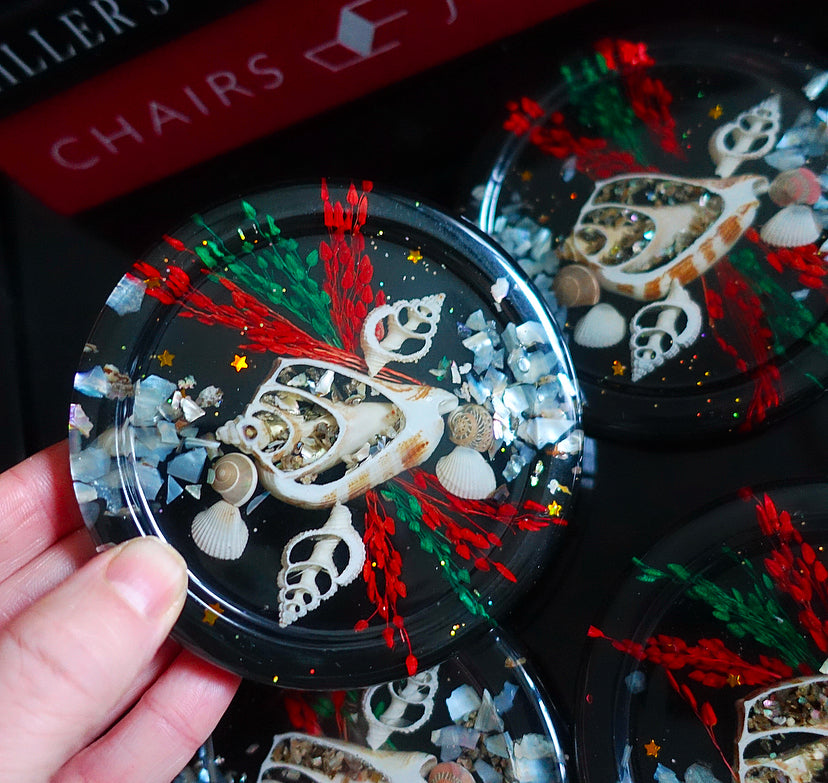 Set of six MCM shell & lucite coasters