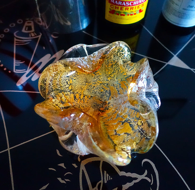 Yellow Murano glass trinket dish with silver leaf inclusions