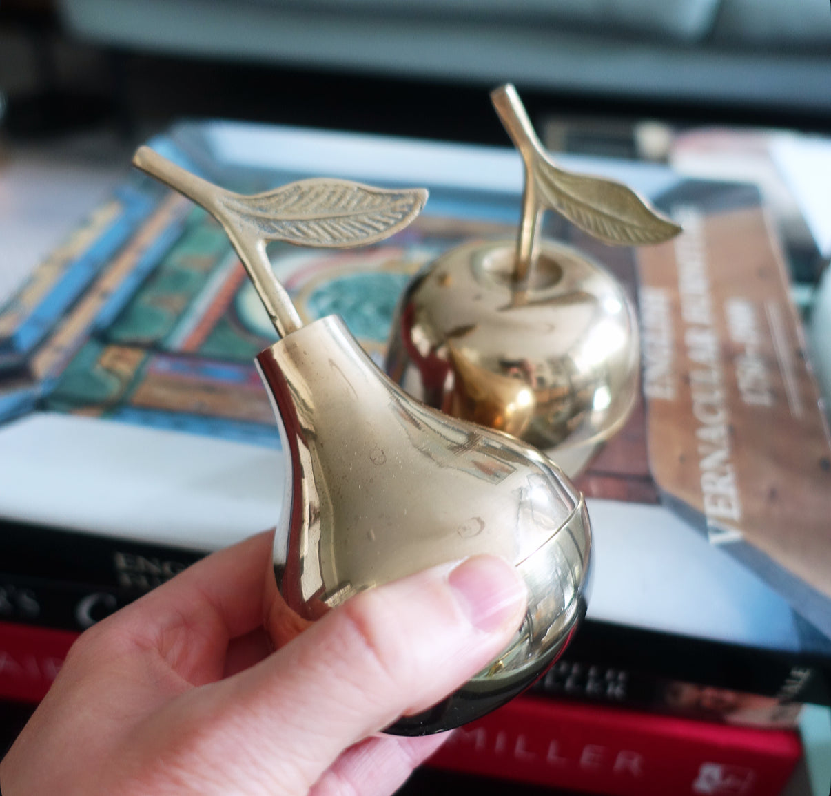 Brass apple & pear trinket pot set