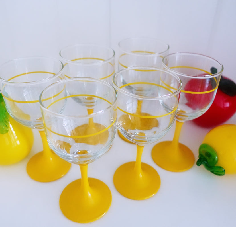 Set of six retro yellow wine glasses