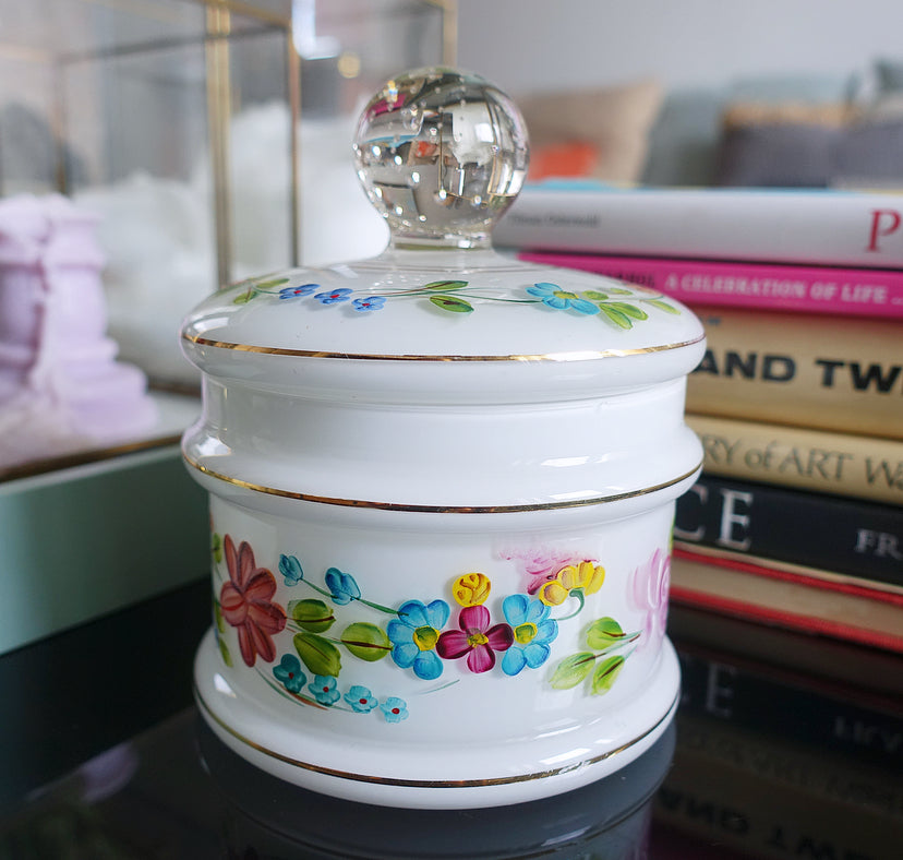 Opaline glass vanity jar with hand painted enamel floral detailing