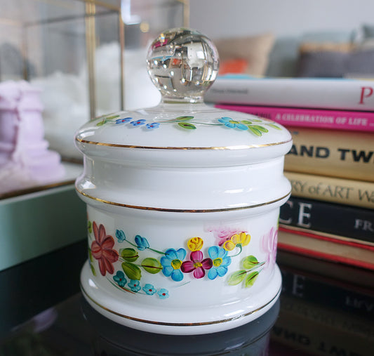 Opaline glass vanity jar with hand painted enamel floral detailing