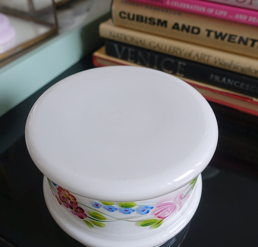 Opaline glass vanity jar with hand painted enamel floral detailing