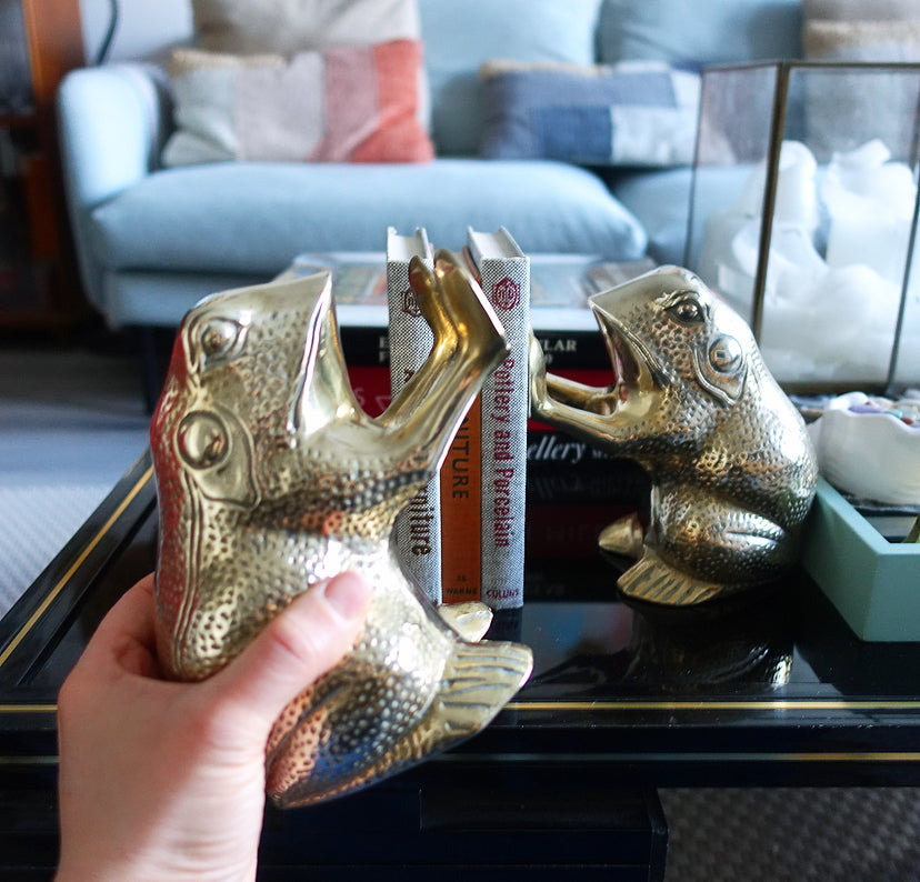 Pair of brass frog bookends