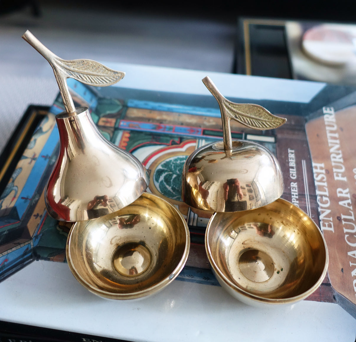 Brass apple & pear trinket pot set