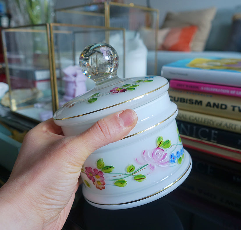 Opaline glass vanity jar with hand painted enamel floral detailing