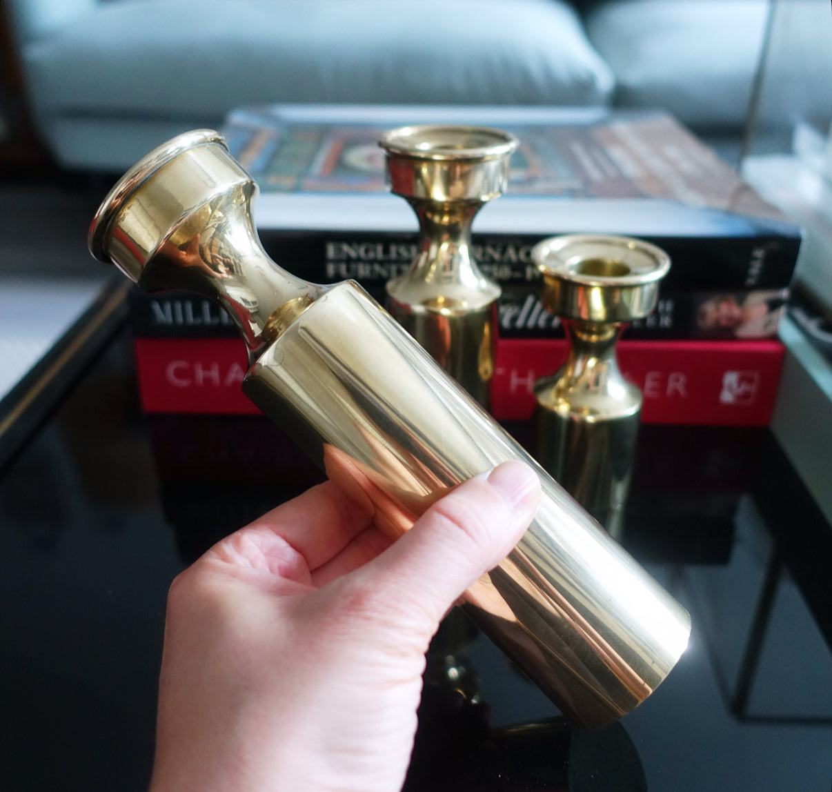 Set of three Danish brass candle holders