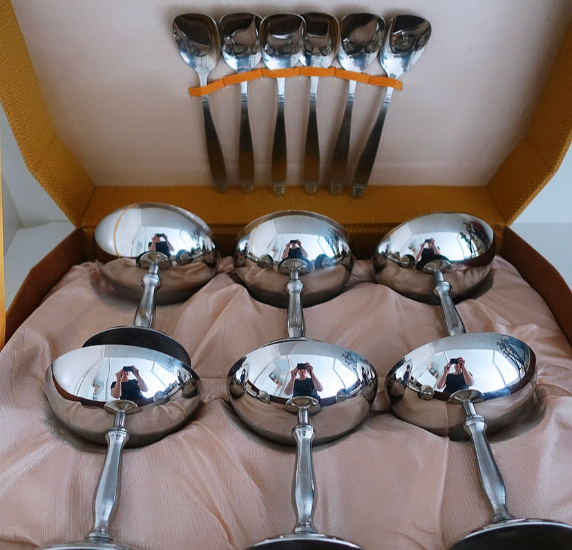 Set of six Italian stainless steel coupes & spoons