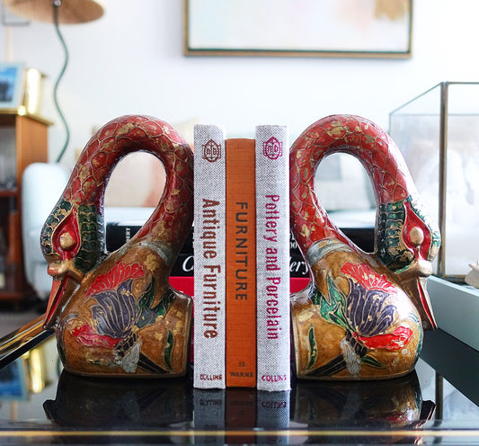 Pair of brass and enamel swan bookends