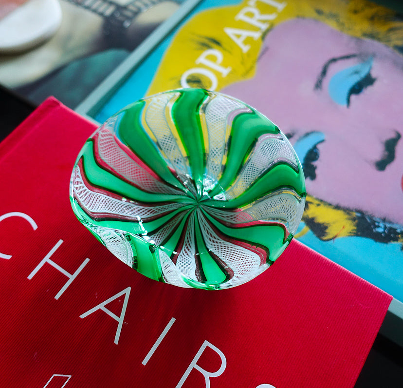 Green & white Zanfirico Murano glass trinket dish