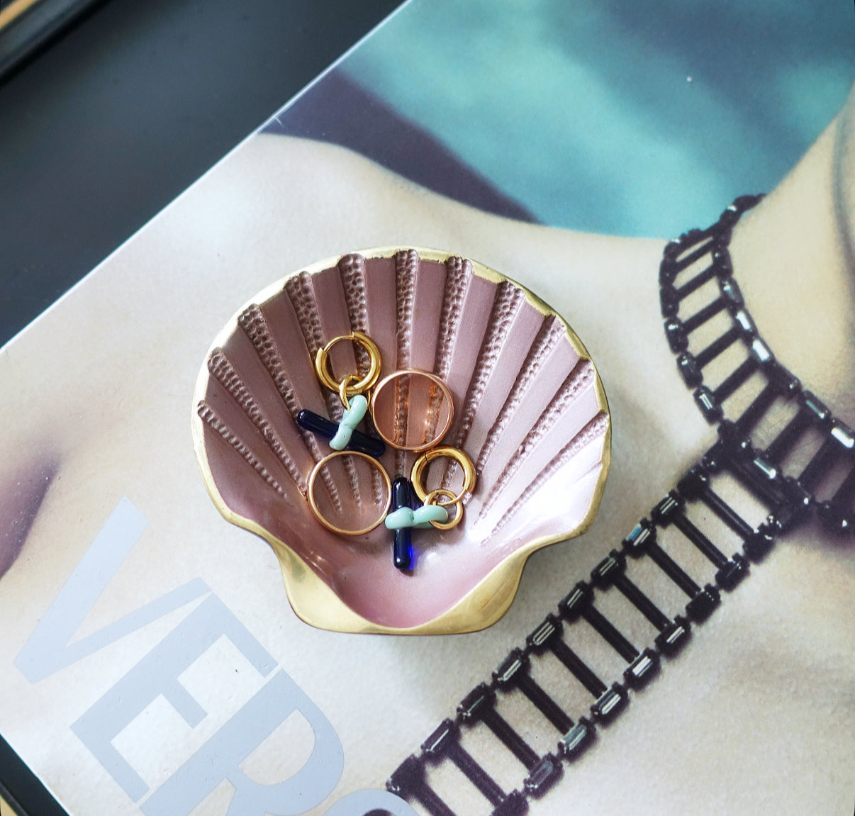 Pink enamel and brass scallop shell