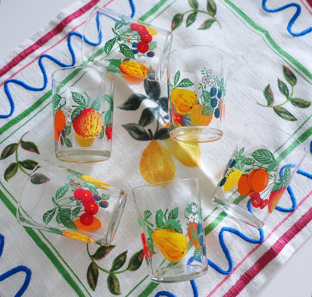 Set of six fruit juice glasses