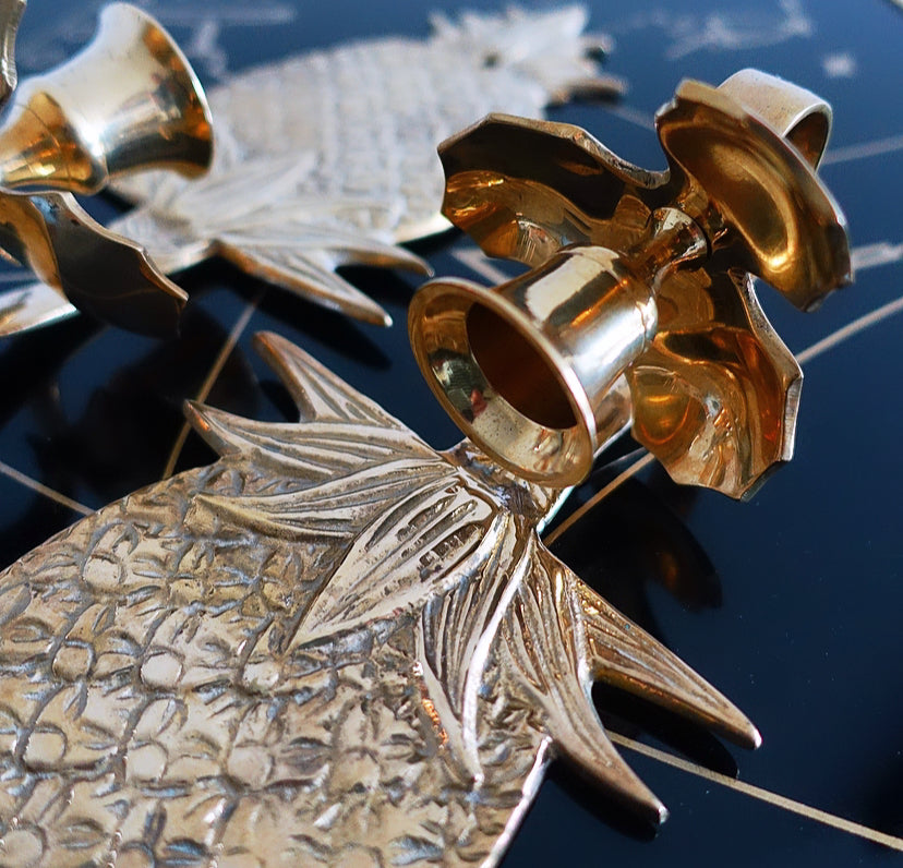 Pair of Hollywood Regency brass pineapple candle sconces