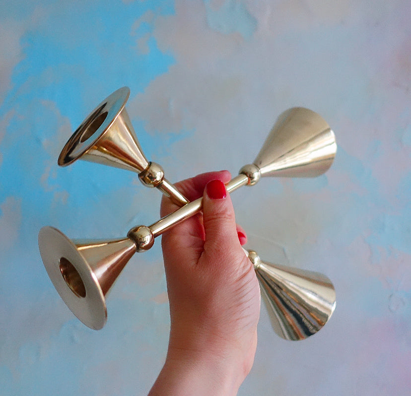 Small pair of post modern Memphis style brass candle holders