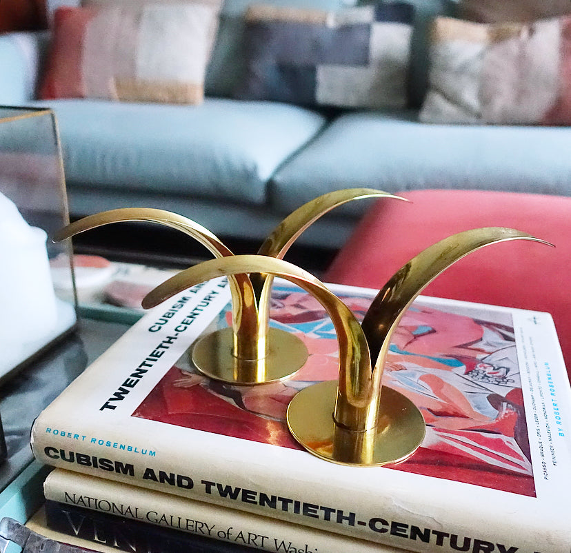 Pair of Swedish brass ‘Lily’ candle holders