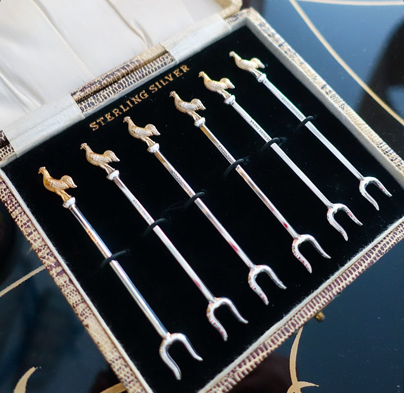 Art Deco Sterling silver cockerel cocktail forks
