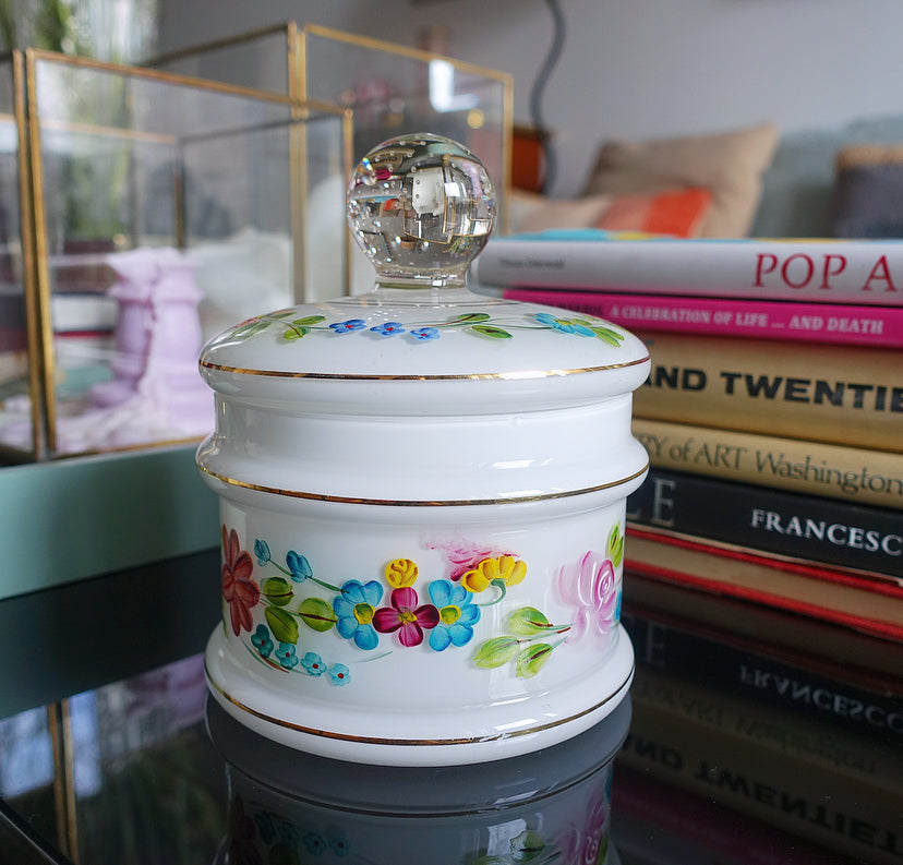 Opaline glass vanity jar with hand painted enamel floral detailing