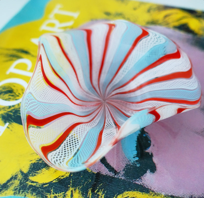 Red, blue & white Zanfirico Murano glass trinket dish