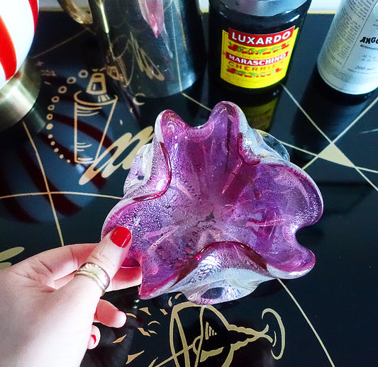 Purple Murano glass trinket dish with silver leaf inclusions