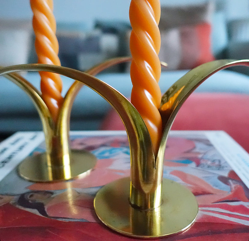 Pair of Swedish brass ‘Lily’ candle holders