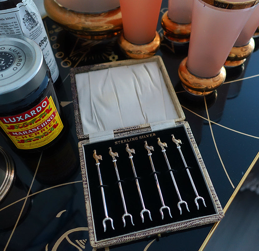 Art Deco Sterling silver cockerel cocktail forks