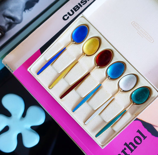David Andersen Sterling silver gilt & rainbow enamel spoons