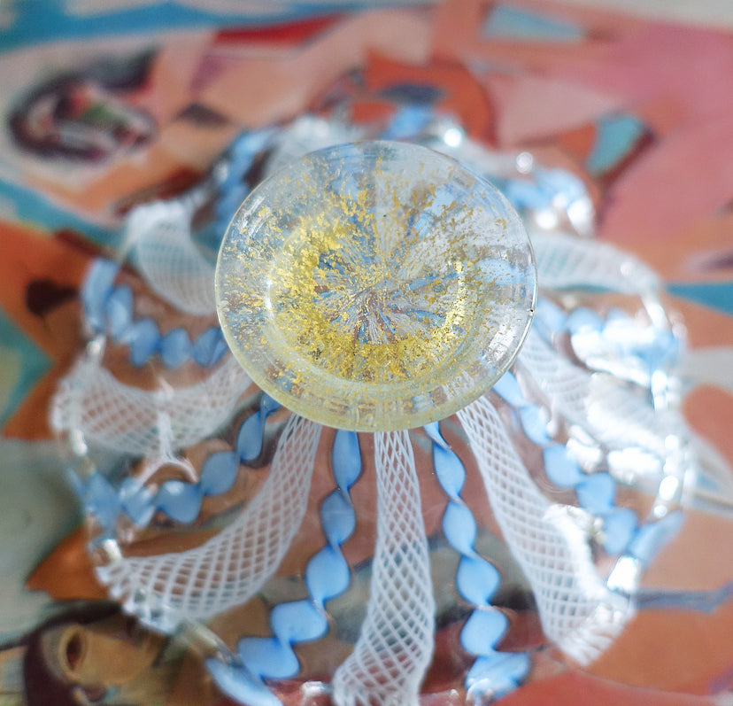 Blue & white frilled Zanfirico Murano glass trinket dish