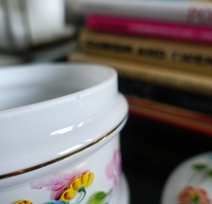 Opaline glass vanity jar with hand painted enamel floral detailing