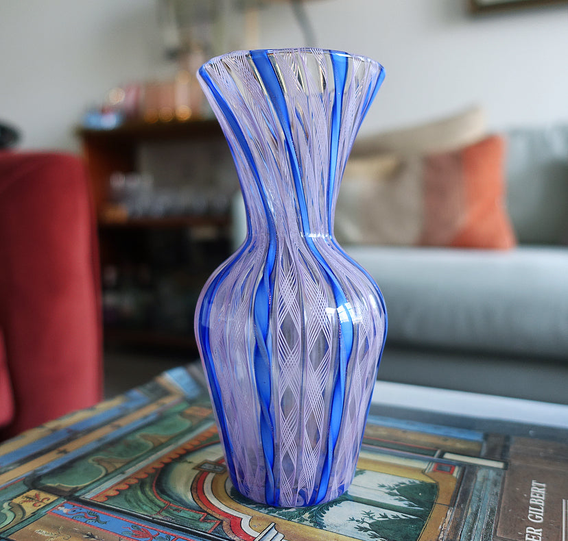 Blue & pink Zanfirico Murano glass vase