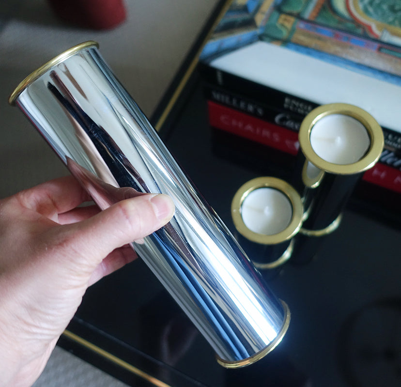 MCM Swedish chrome & brass candle holder set