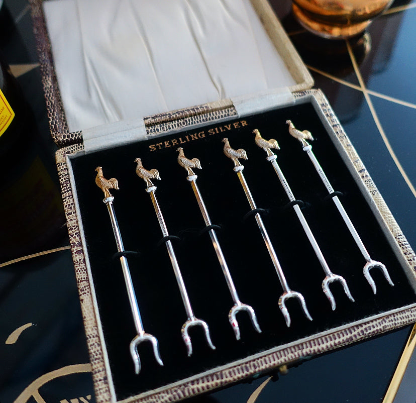 Art Deco Sterling silver cockerel cocktail forks