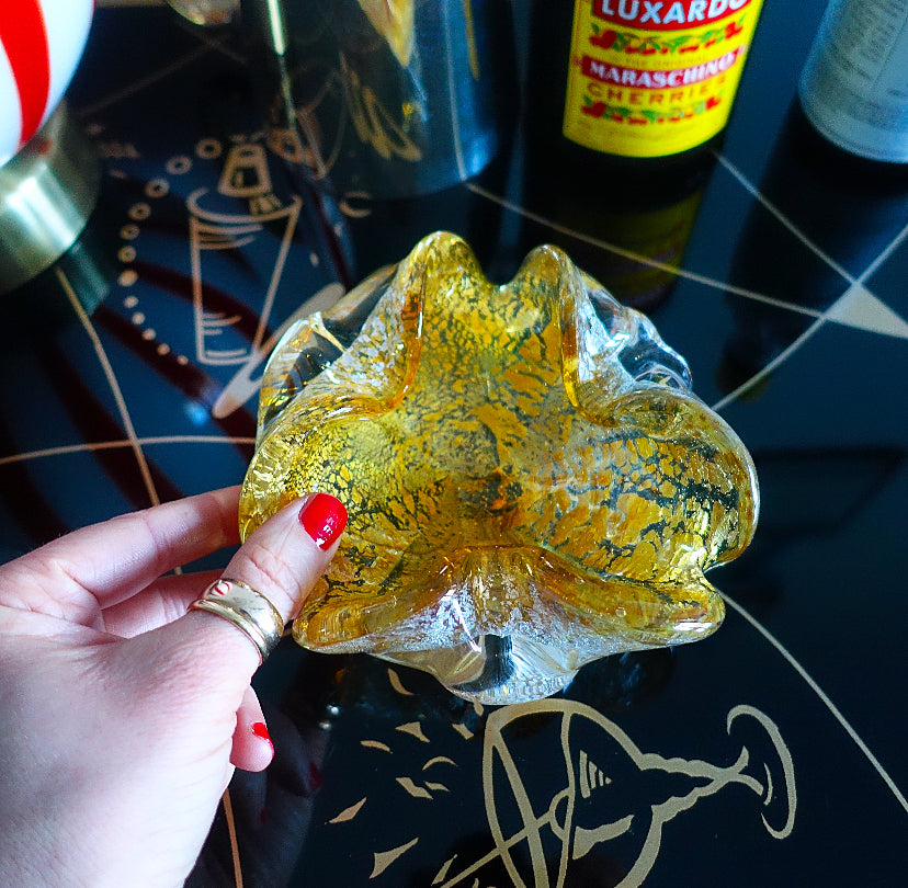 Yellow Murano glass trinket dish with silver leaf inclusions