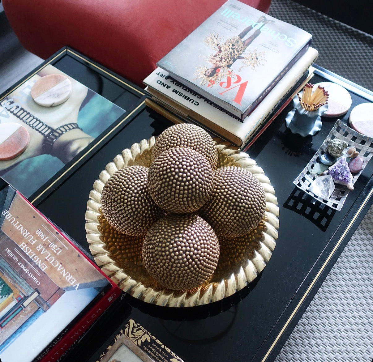 Large decorative brass bowl with ball feet