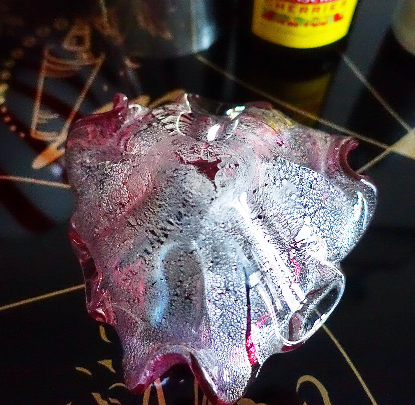 Purple Murano glass trinket dish with silver leaf inclusions