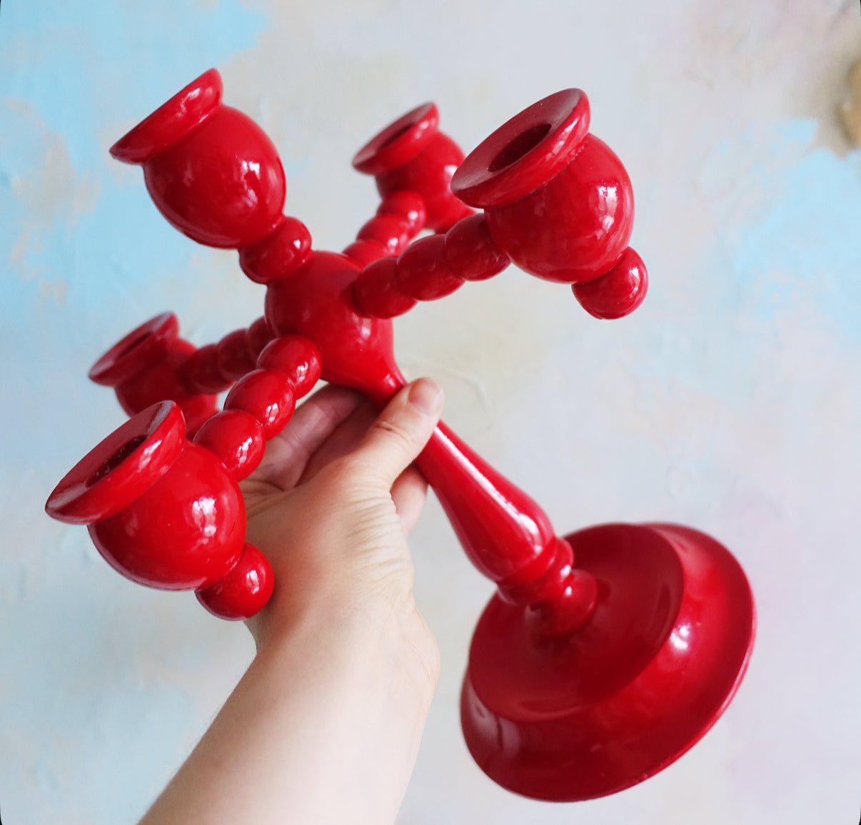 Swedish wooden bobbin folk art candelabra